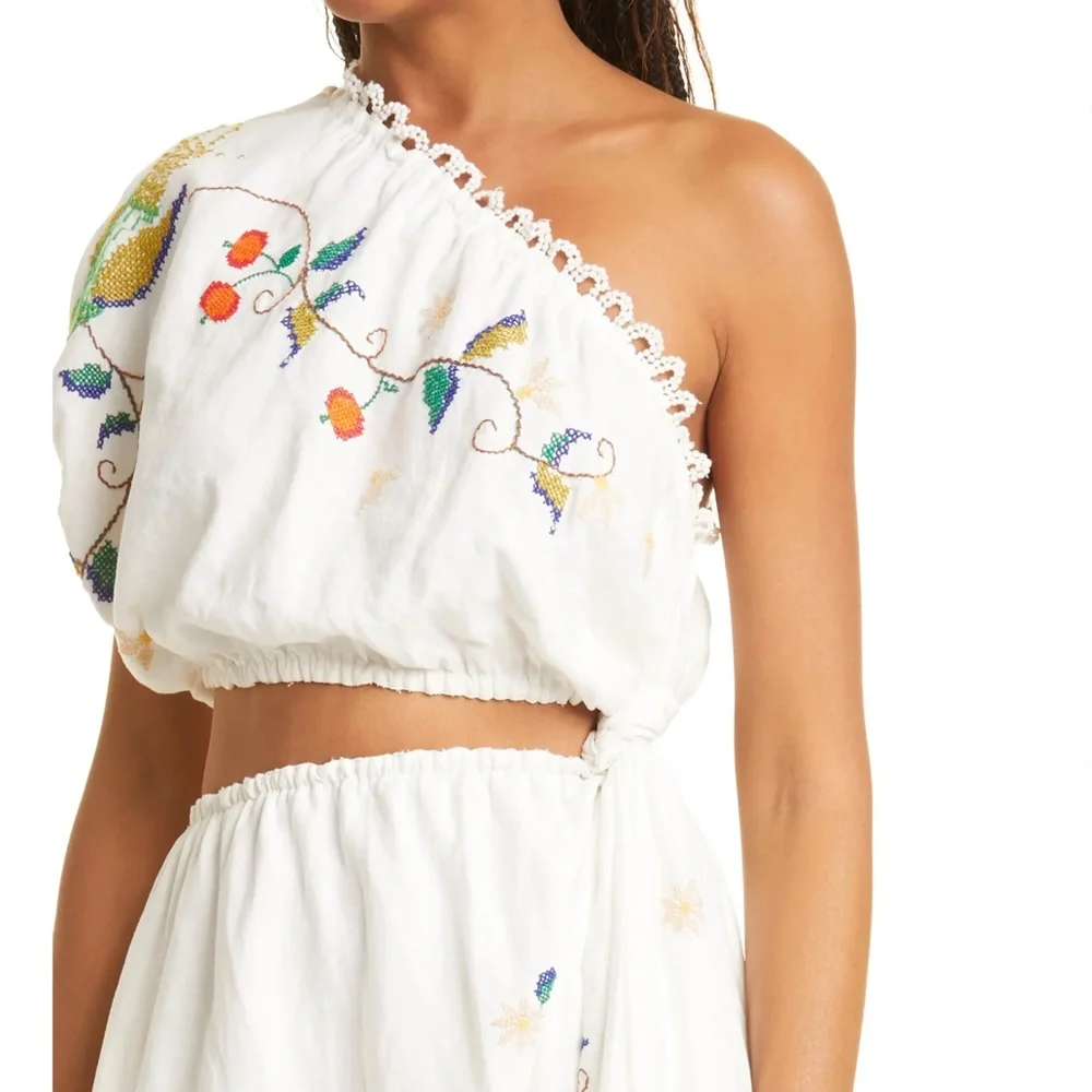 NWT $335 FARM RIO Embroidered One Shoulder Cutout Detail Linen Blend Dress-S / M